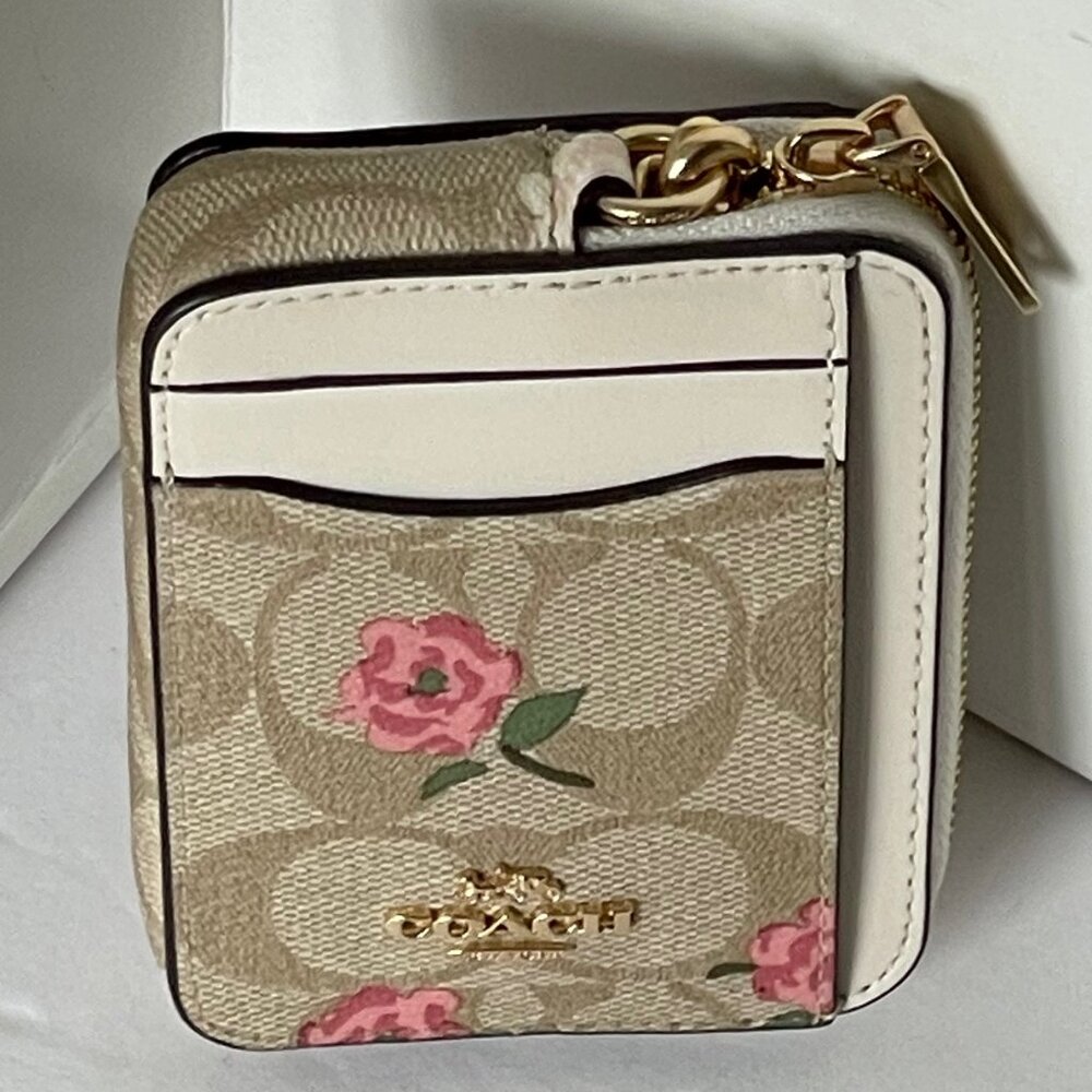 Coach Zip Card Case Pink Floral CR971 ID Wallet Beige Canvas Leather Chain Strap - Picture 3 of 7